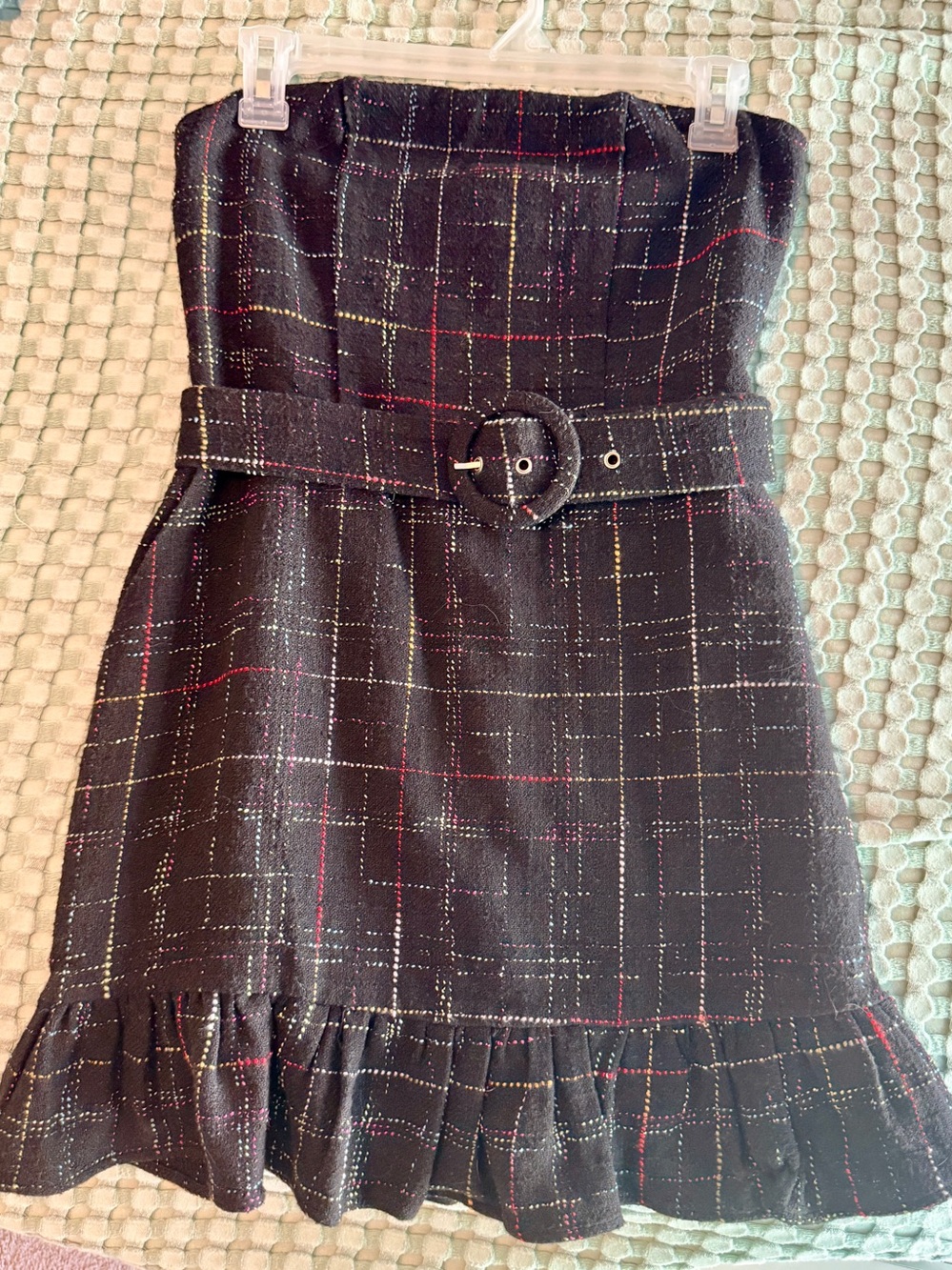 Womens Strapless Plaid Belted Party Dress - Black with Metallic Accents